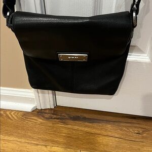 DKNY Black Leather Crossbody Bag with Silver Accents